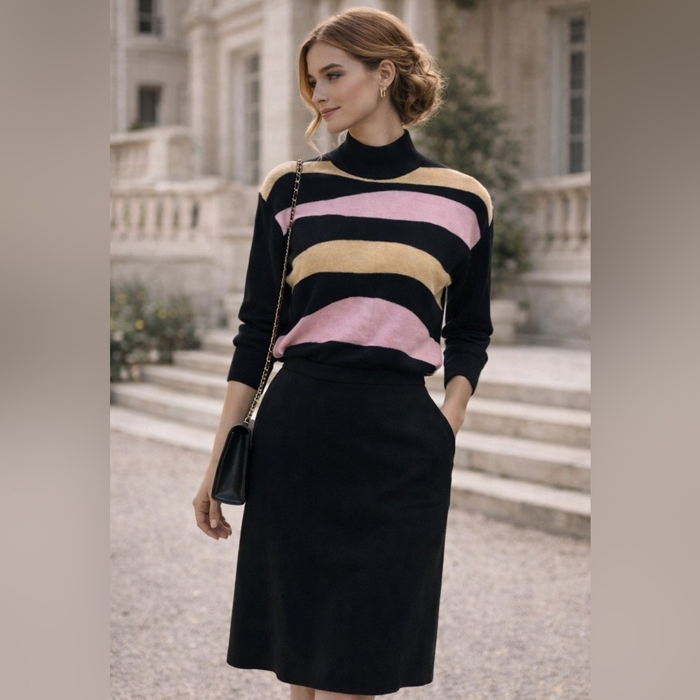 St‎ John Striped  Mocked Neck Sweater And Skirt Sz Small Old Money quiet luxury